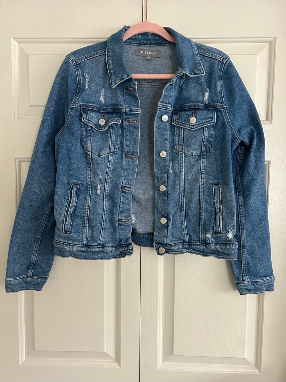 Just USA Blue Distressed Denim Jacket Bikercore Grunge Y2K Streetwear, Women’s L